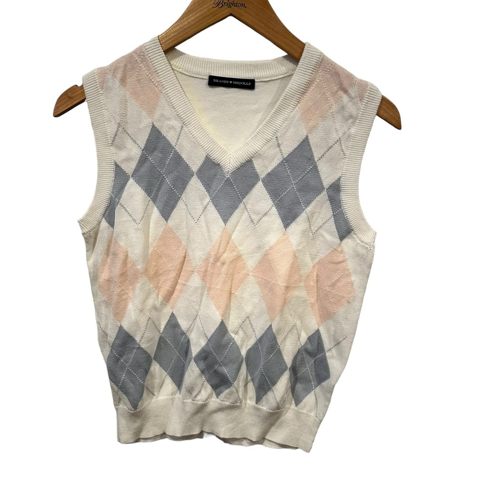 BRANDY MELVILLE TOP ARGYLE school‎ SWEATER VEST soft preppy golf small pink